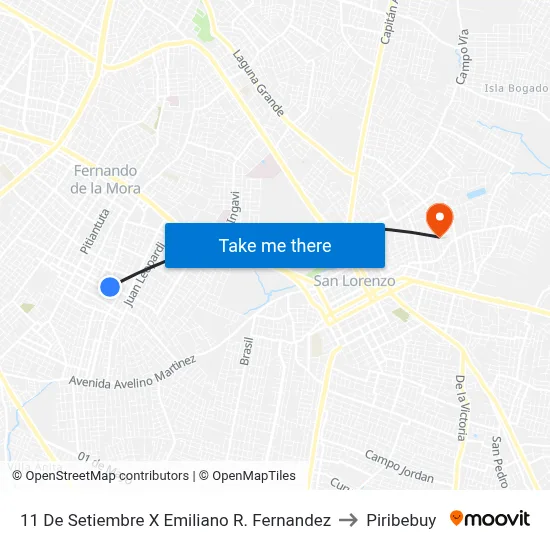 11 De Setiembre X Emiliano R. Fernandez to Piribebuy map