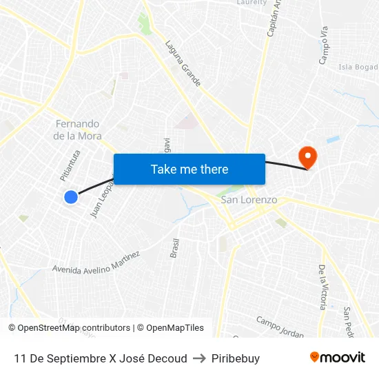 11 De Septiembre X José Decoud to Piribebuy map