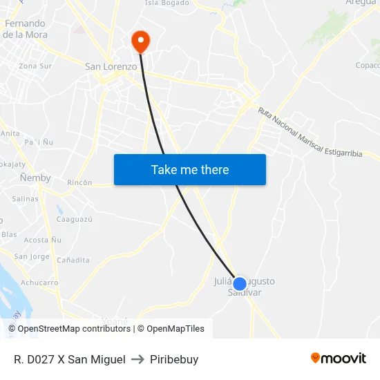 R. D027 X San Miguel to Piribebuy map