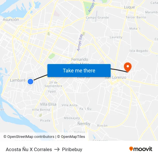 Acosta Ñu X Corrales to Piribebuy map