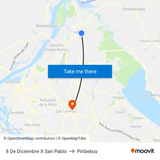 8 De Diciembre X San Pablo to Piribebuy map