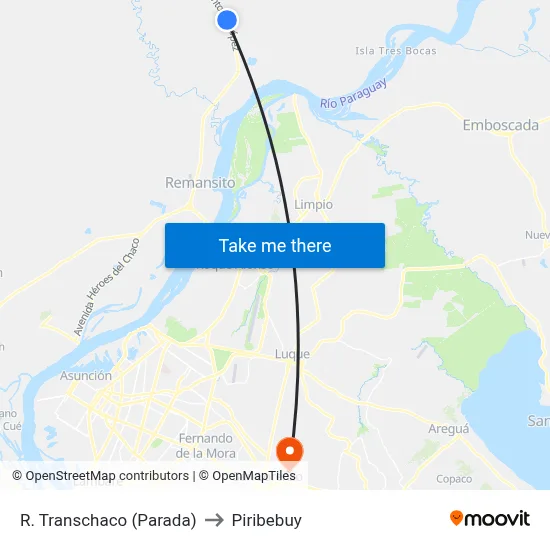 R. Transchaco (Parada) to Piribebuy map