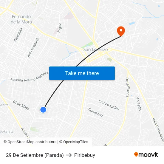 29 De Setiembre (Parada) to Piribebuy map