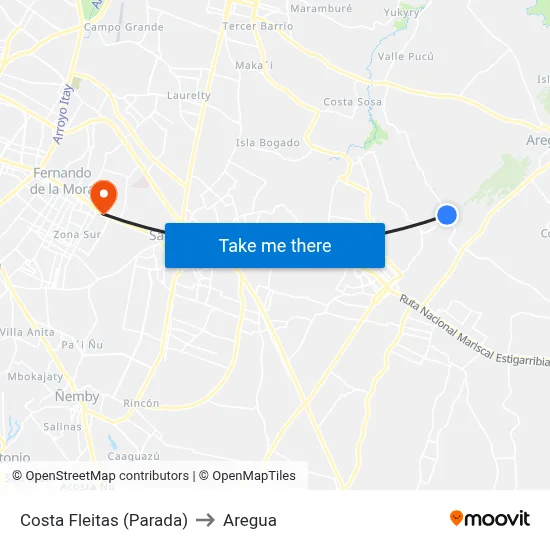 Costa Fleitas (Parada) to Aregua map
