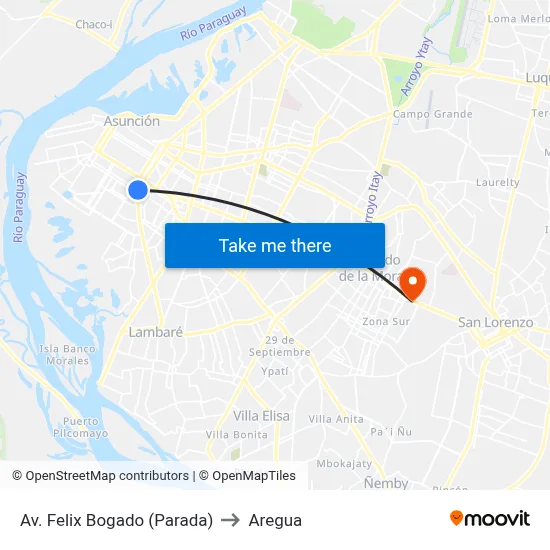 Av. Felix Bogado (Parada) to Aregua map