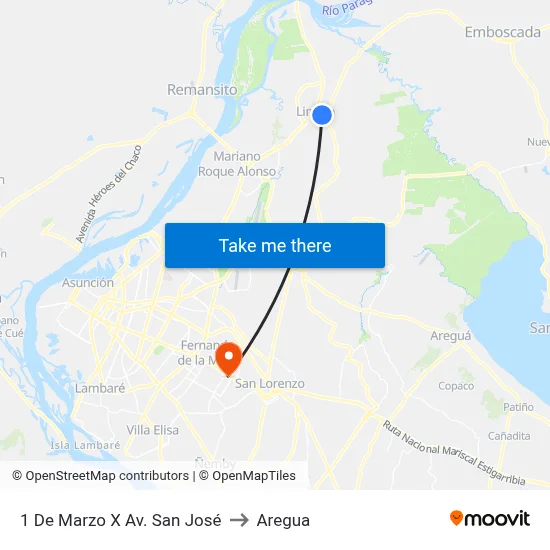 1 De Marzo X Av. San José to Aregua map