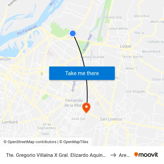 Tte. Gregorio Villalna X Gral. Elizardo Aquino (Desvío 18) to Aregua map