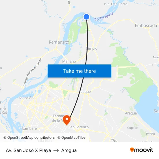 Av. San José  X Playa to Aregua map