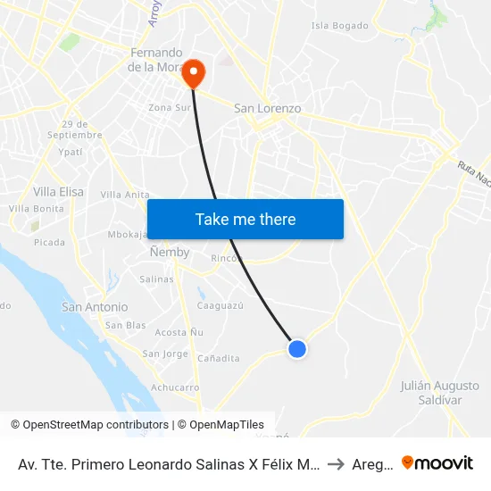 Av. Tte. Primero Leonardo Salinas X Félix Mendoza to Aregua map