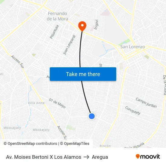 Av. Moises Bertoni X Los Alamos to Aregua map