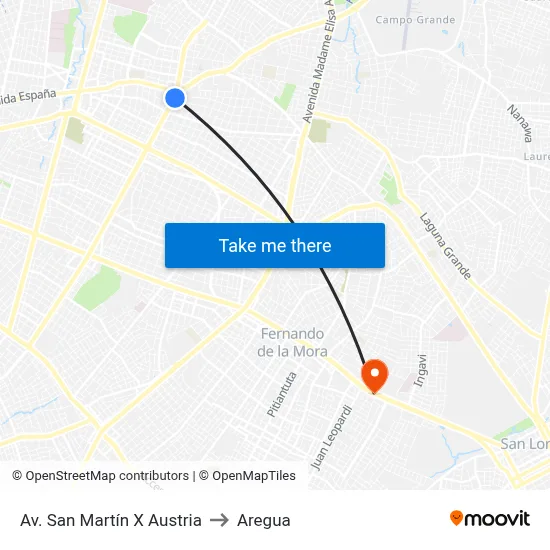Av. San Martín X Austria to Aregua map