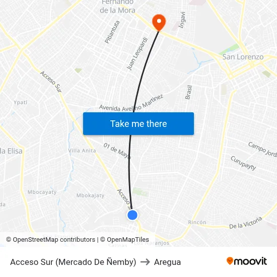Acceso Sur (Mercado De Ñemby) to Aregua map