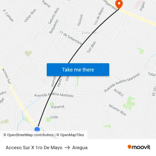 Acceso Sur X 1ro De Mayo to Aregua map
