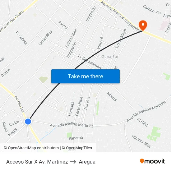 Acceso Sur X Av. Martínez to Aregua map