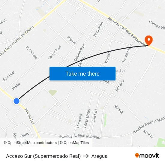 Acceso Sur (Supermercado Real) to Aregua map