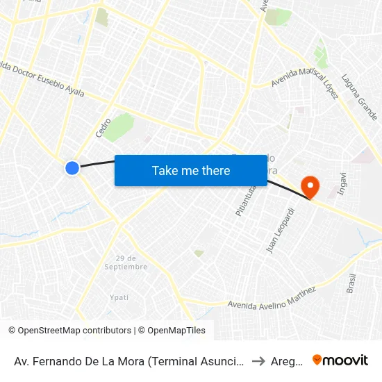 Av. Fernando De La Mora (Terminal Asunción) to Aregua map