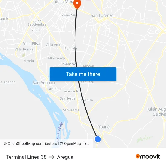 Terminal Linea 38 to Aregua map