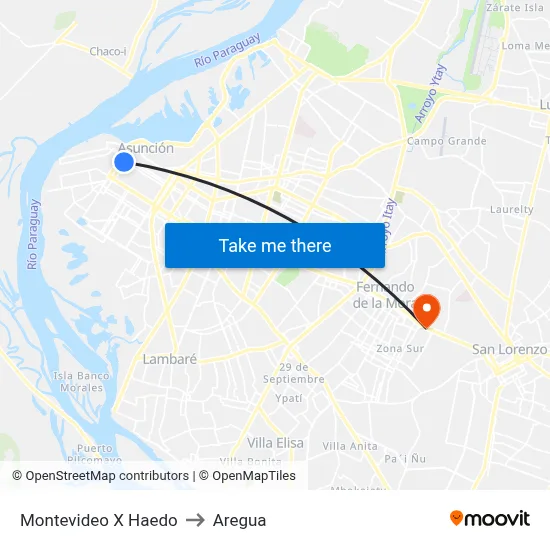 Montevideo X Haedo to Aregua map