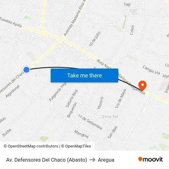 Av. Defensores Del Chaco (Abasto) to Aregua map