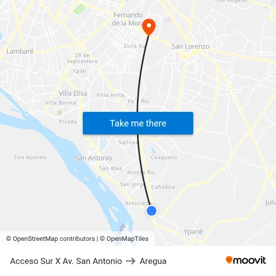 Acceso Sur X Av. San Antonio to Aregua map