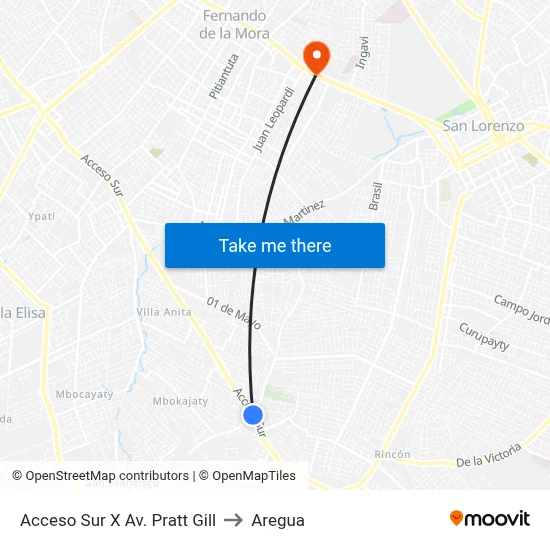Acceso Sur X Av. Pratt Gill to Aregua map