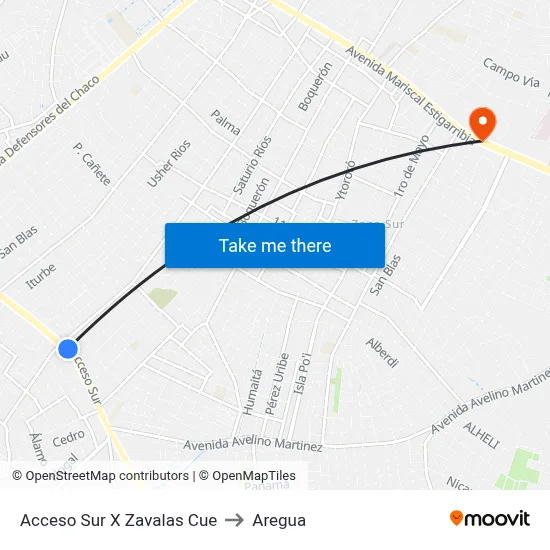 Acceso Sur X Zavalas Cue to Aregua map