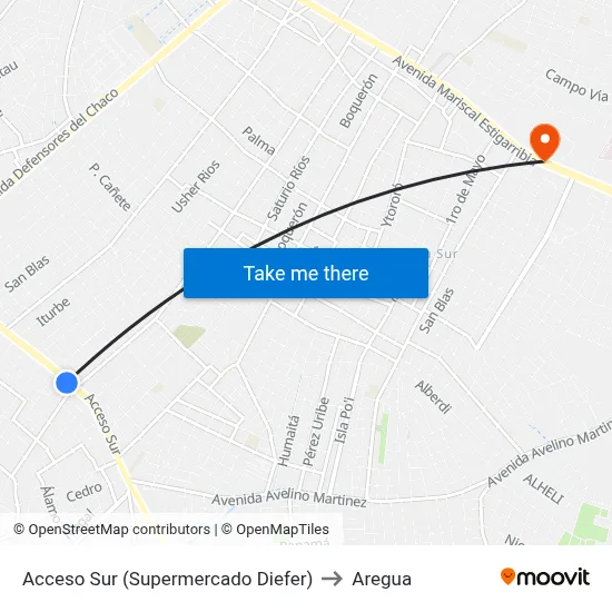 Acceso Sur (Supermercado Diefer) to Aregua map