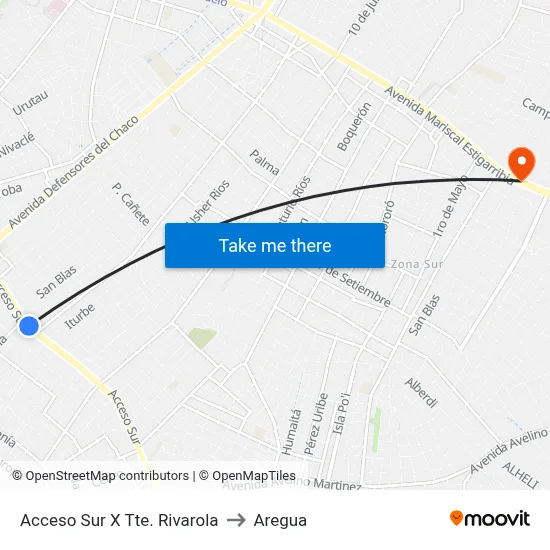 Acceso Sur X Tte. Rivarola to Aregua map