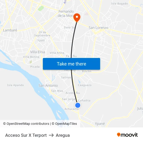 Acceso Sur X Terport to Aregua map