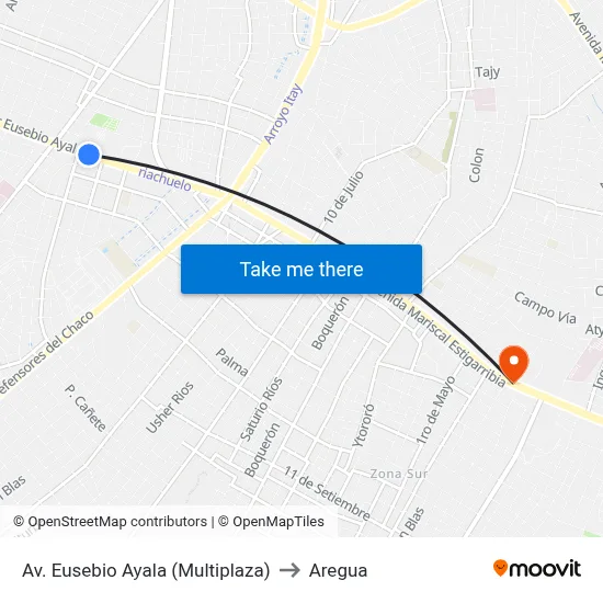 Av. Eusebio Ayala (Multiplaza) to Aregua map