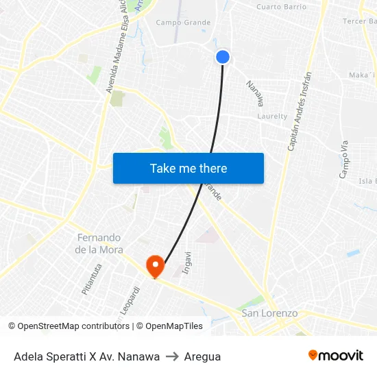 Adela Speratti X Av. Nanawa to Aregua map