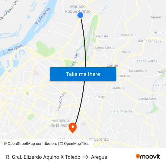 R. Gral. Elizardo Aquino X Toledo to Aregua map