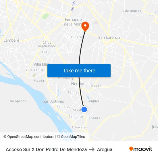 Acceso Sur X Don Pedro De Mendoza to Aregua map