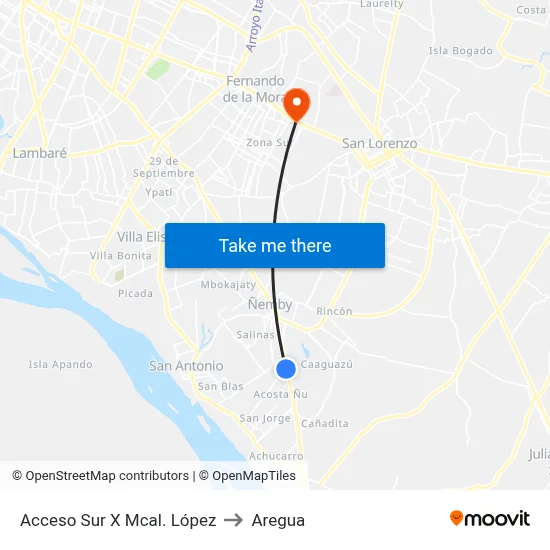 Acceso Sur X Mcal. López to Aregua map