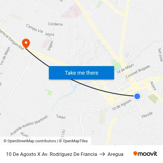 10 De Agosto X Av. Rodríguez De Francia to Aregua map
