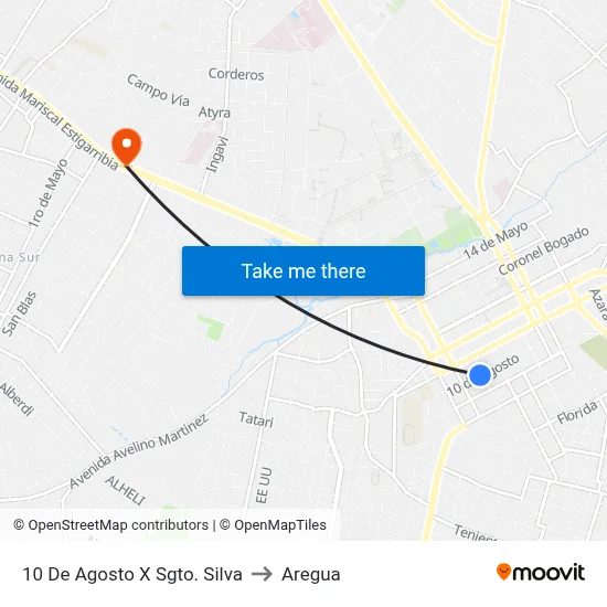 10 De Agosto X Sgto. Silva to Aregua map