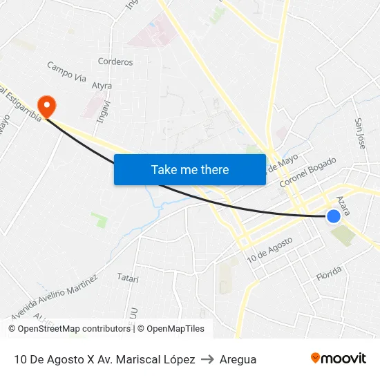 10 De Agosto X Av. Mariscal López to Aregua map