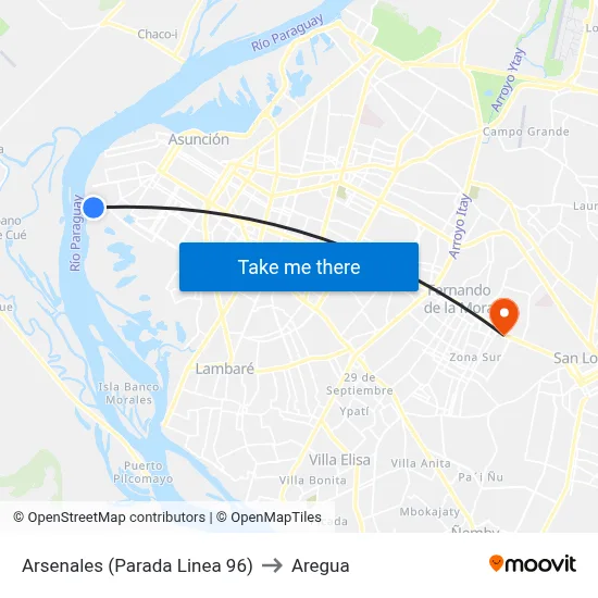Arsenales (Parada Linea 96) to Aregua map