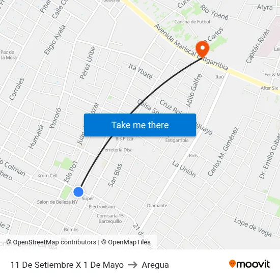 11 De Setiembre X 1 De Mayo to Aregua map