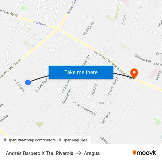 Andrés Barbero X Tte. Rivarola to Aregua map