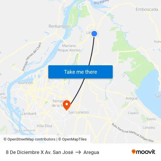 8 De Diciembre X Av. San José to Aregua map