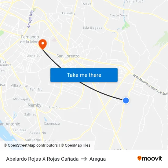 Abelardo Rojas X Rojas Cañada to Aregua map