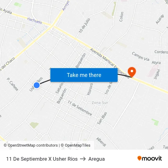 11 De Septiembre X Usher Ríos to Aregua map