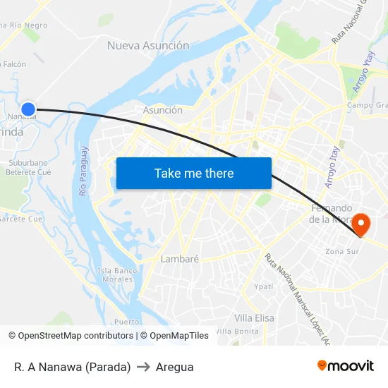 R. A Nanawa (Parada) to Aregua map