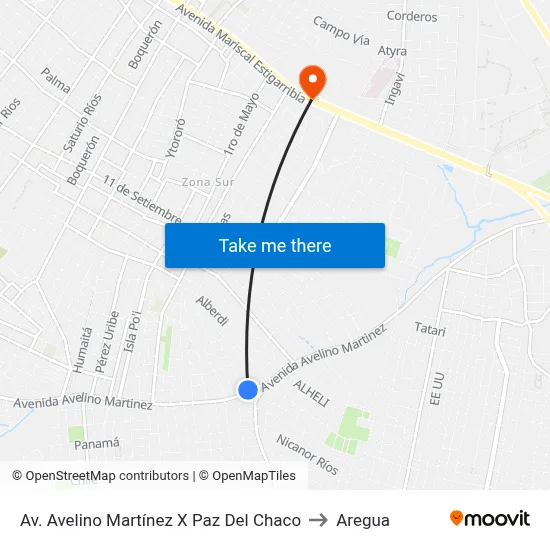 Av. Avelino Martínez X Paz Del Chaco to Aregua map