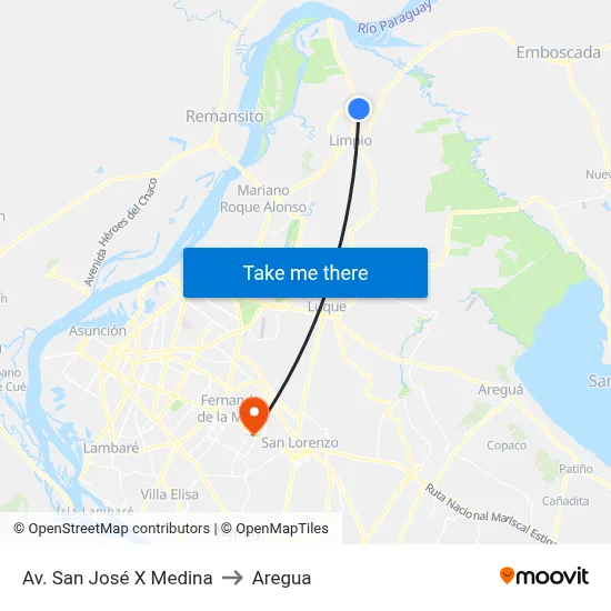 Av. San José X Medina to Aregua map