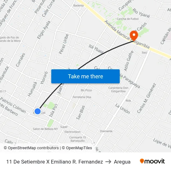 11 De Setiembre X Emiliano R. Fernandez to Aregua map