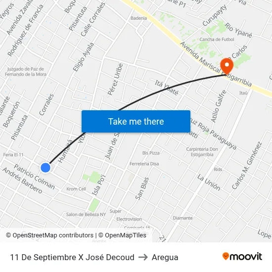 11 De Septiembre X José Decoud to Aregua map