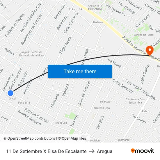 11 De Setiembre X Elsa De Escalante to Aregua map