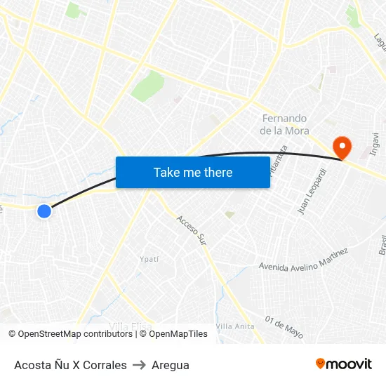 Acosta Ñu X Corrales to Aregua map